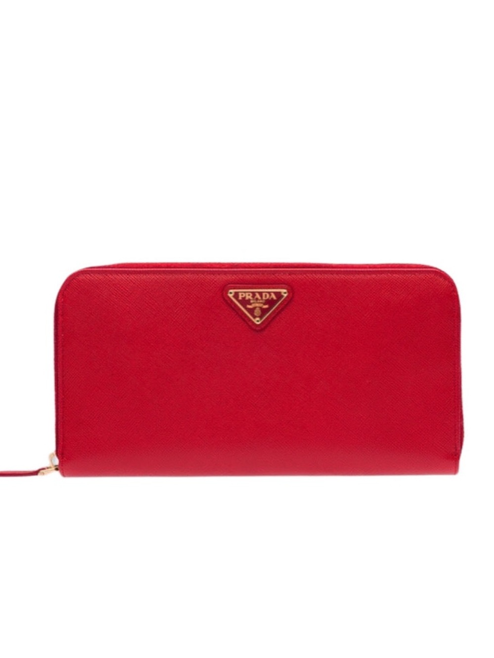 Prada Authentic Red Saffiano Zip Wallet with Triangle Logo Gold Hardware